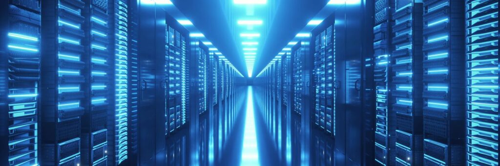 Data center with endless servers. Network and information servers behind glass panels. Cloud computing data storage. 4K high quality loop animation